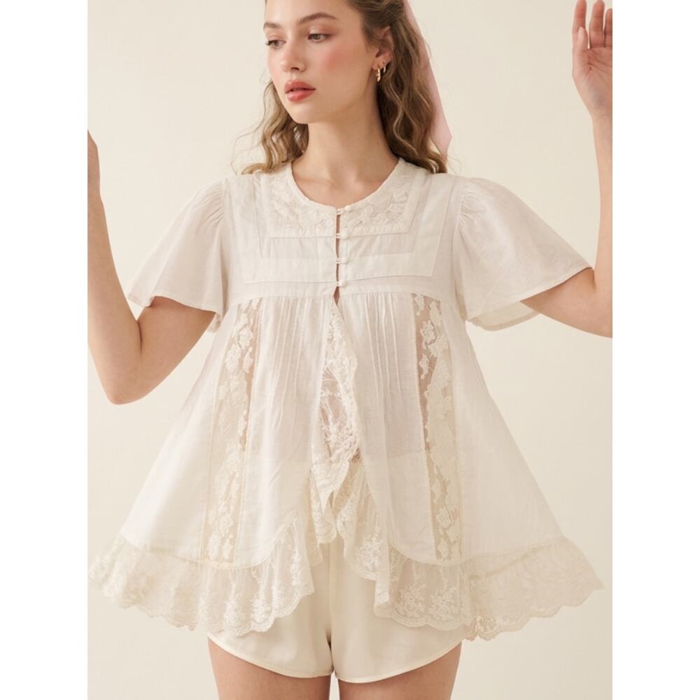 VTG Billabong Ivory Lace Inset Babydoll Top Cottagecore Fairycore Coquette S